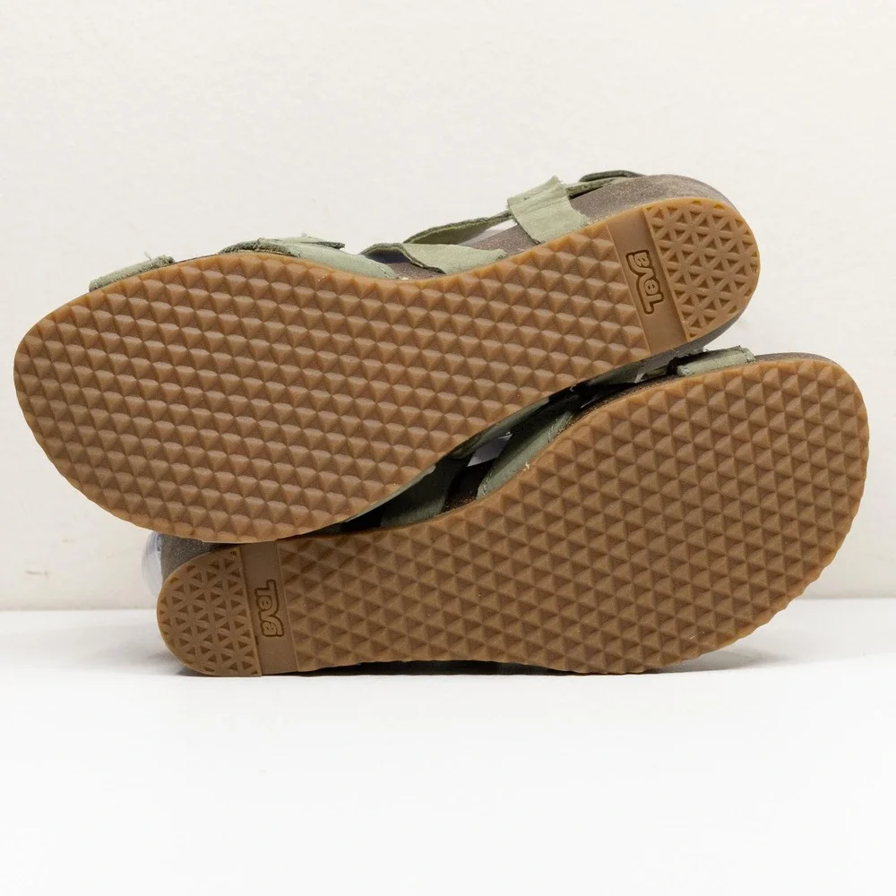 TEVA Mahonia Cross Strap Cork Wedge Leather Sandals Olive Green Sz 7.5